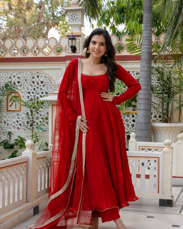 RED FAUX GEORGETTE ANARKALI SUIT WITH DUPATTA PARTY WEAR