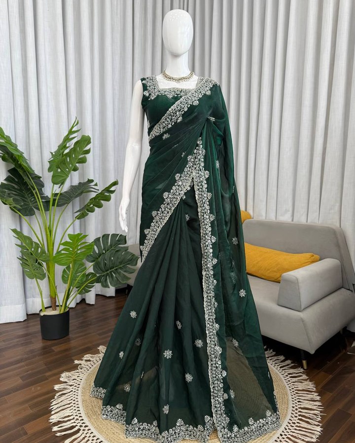 BOTTLE GREEN SEQUENCE WORK SAREE SET PARTY WEAR