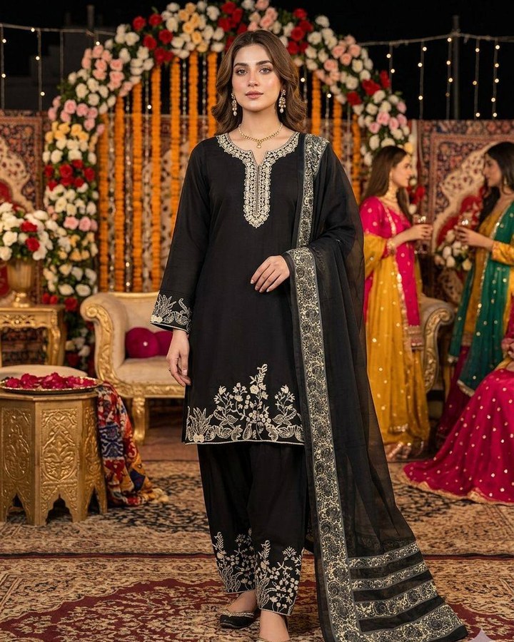 BLACK RAYON SEQUENCE MIRROR WORK PALAZZO WITH DUPATTA