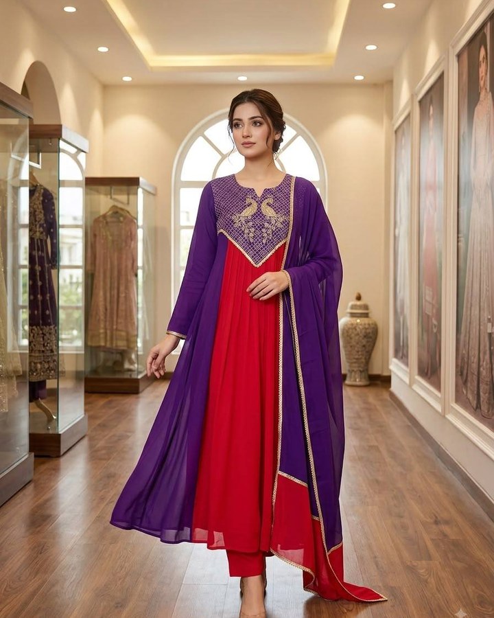 MUL CHANDERI SEQUENCE EMBROIDERY WORK FROCK SUIT WITH DUPATTA (4 COLORS) PARTY WEAR