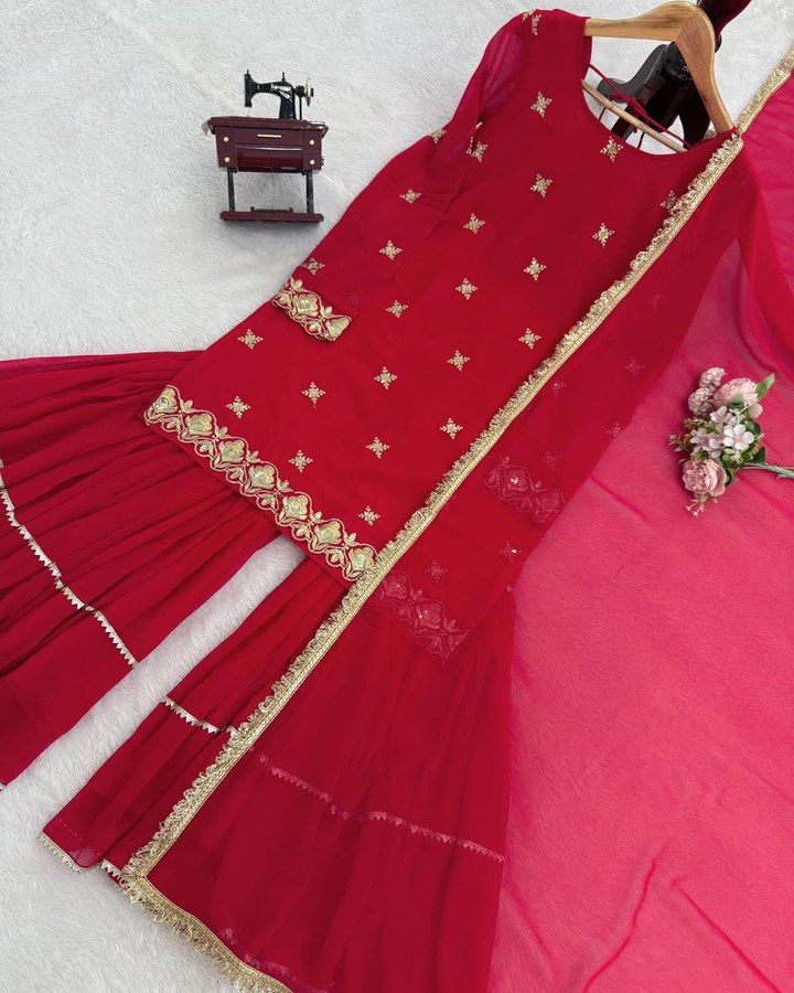 RED FAUX GEORGETTE SEQUENCE THREAD WORK SHARARA SUIT WITH DUPATTA PARTY WEAR